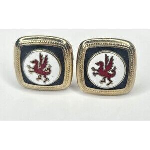 Vintage Dragon Theme Red Black Gold Plated Cuff Links Pair Square .75"